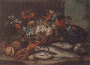 unknow artist Still life of a basket of flowers,fruit,lobster,fish and a cat,all upon a stone ledge china oil painting artist